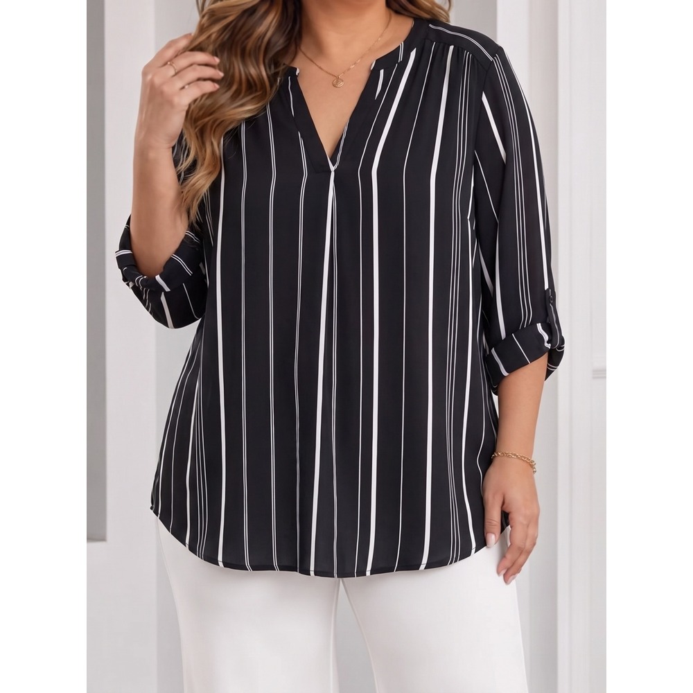 Worthington Woman 2X Black White Striped Split Neck Roll Tab Sleeve Blouse Tunic